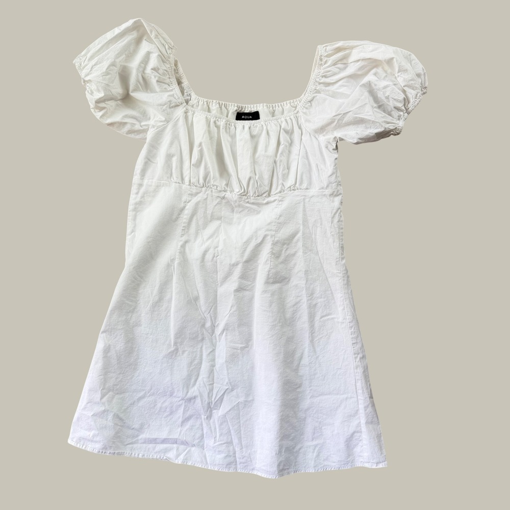 AQUA White Puff Sleeve Empire Waist Square Neck Mini Dress Size Medium Excellent - Picture 2 of 8